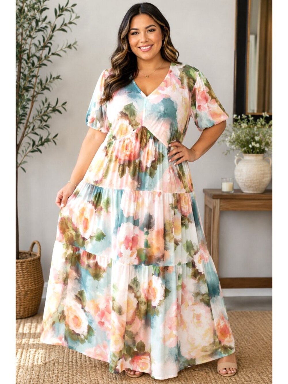 NWT Robbie Bee Watercolor Floral Maxi Dress Tiered Size L Short Sleeves Romantic